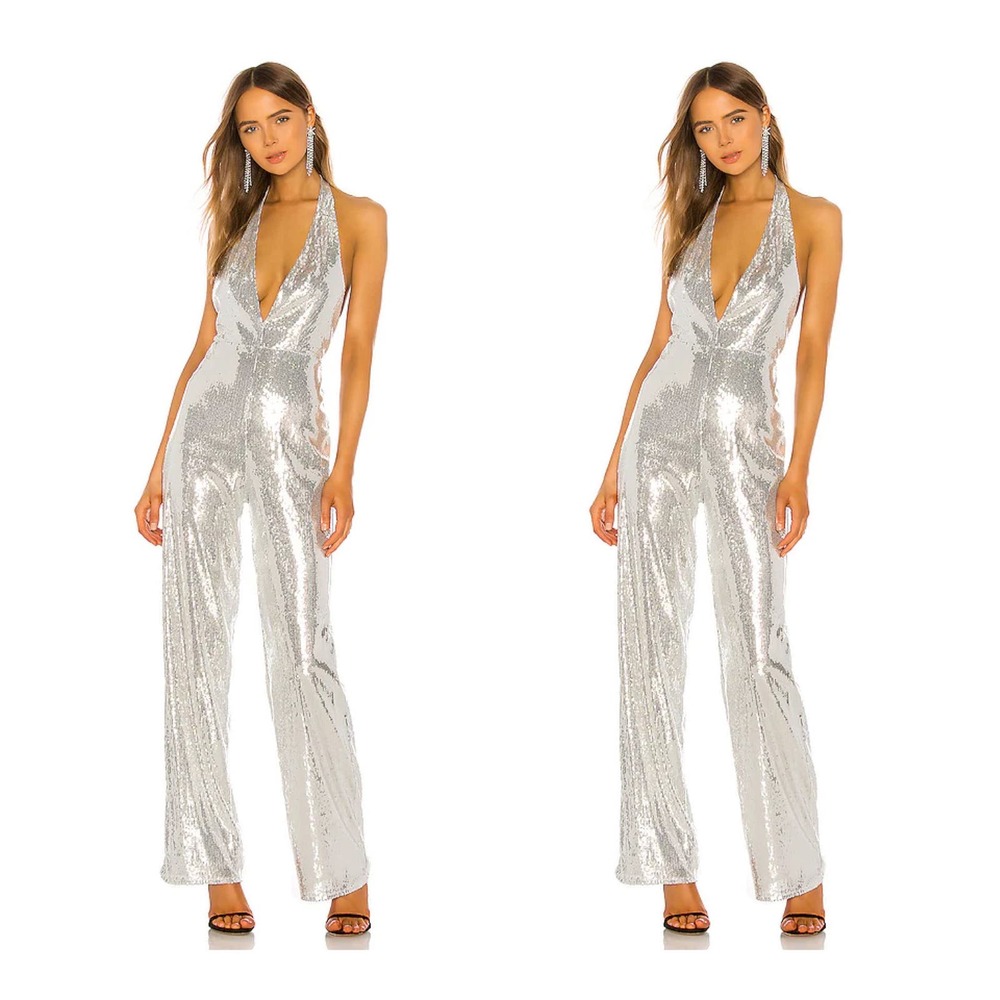 NEW Michael Costello Sequin Jumpsuit in Silver Size XXS